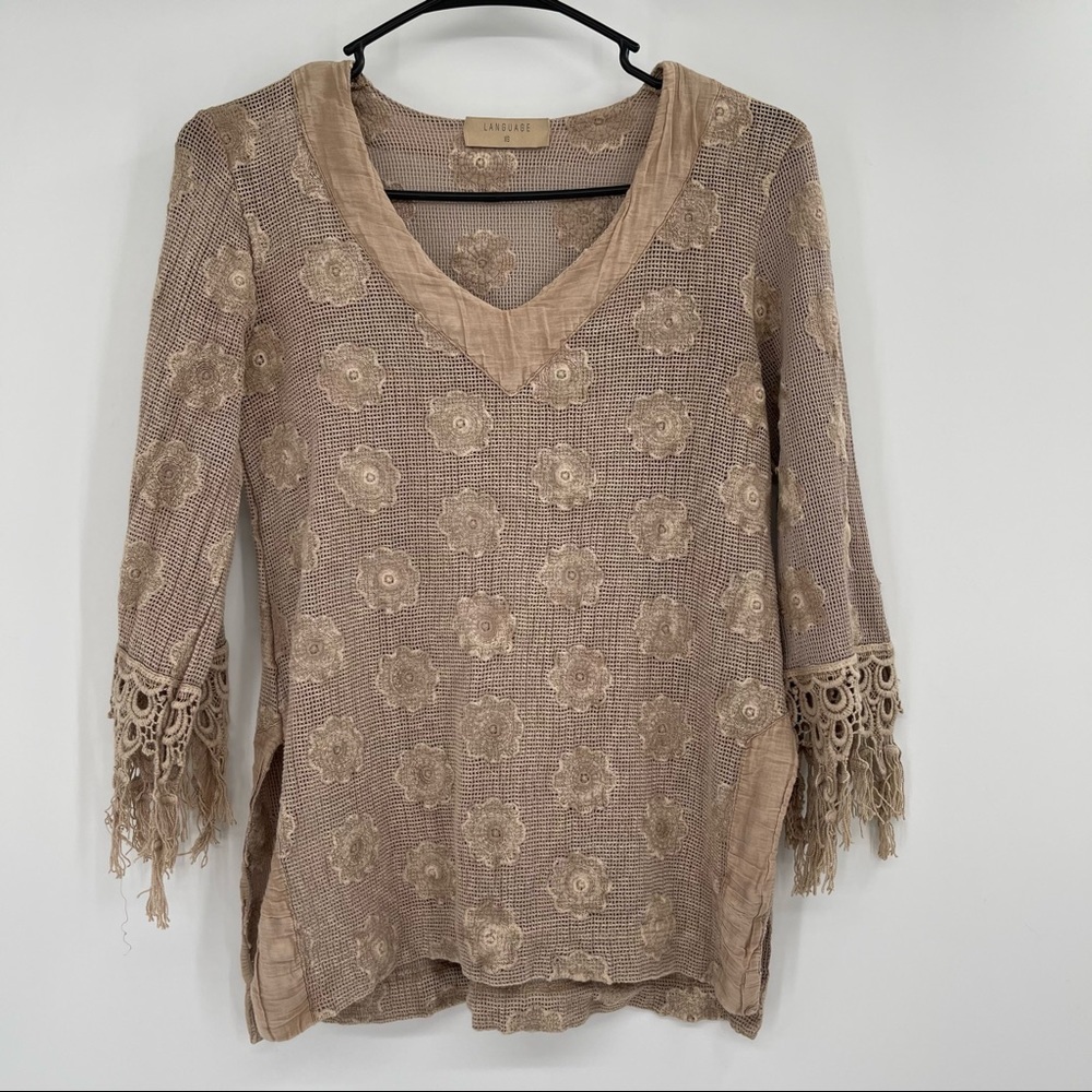 Language Los Angeles Open Weave Crochet Fringe Sweater Top Tunic​